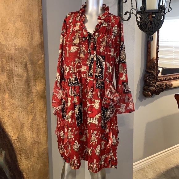 NWT Olisi Boho Red Print Ruffled Dress.  L - Picture 2 of 4